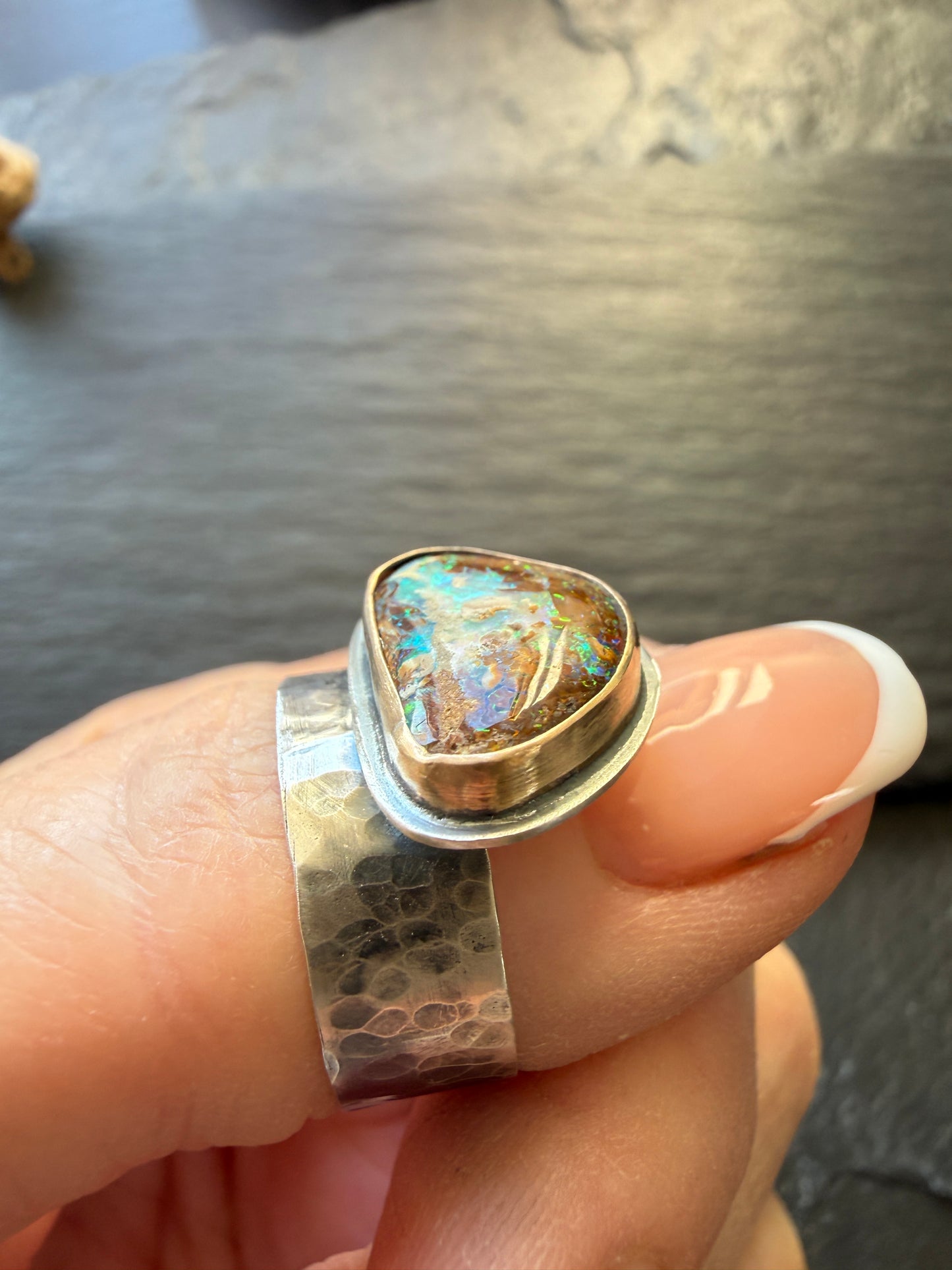 Multi-colour Boulder Opal Ring US 7 UK N1/2