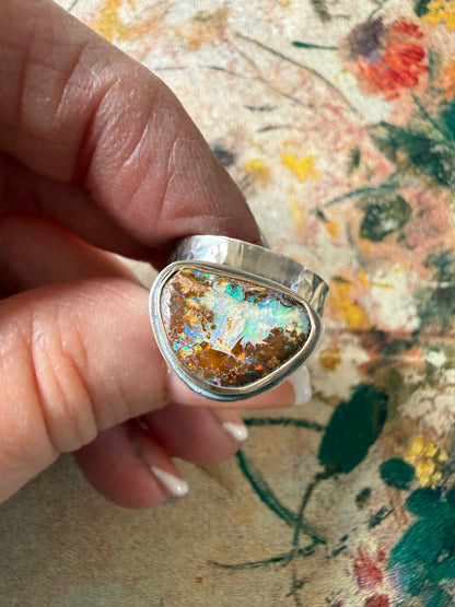 Multi-colour Boulder Opal Ring US 7 UK N1/2