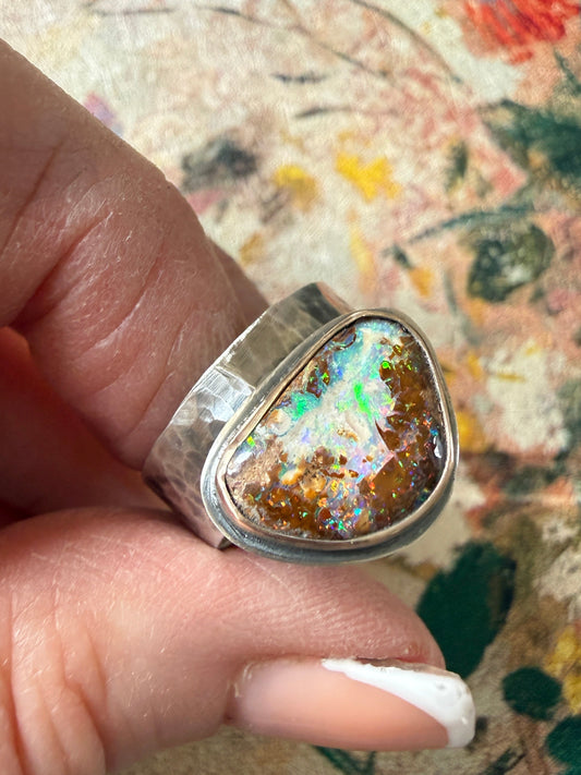 Multi-colour Boulder Opal Ring US 7 UK N1/2