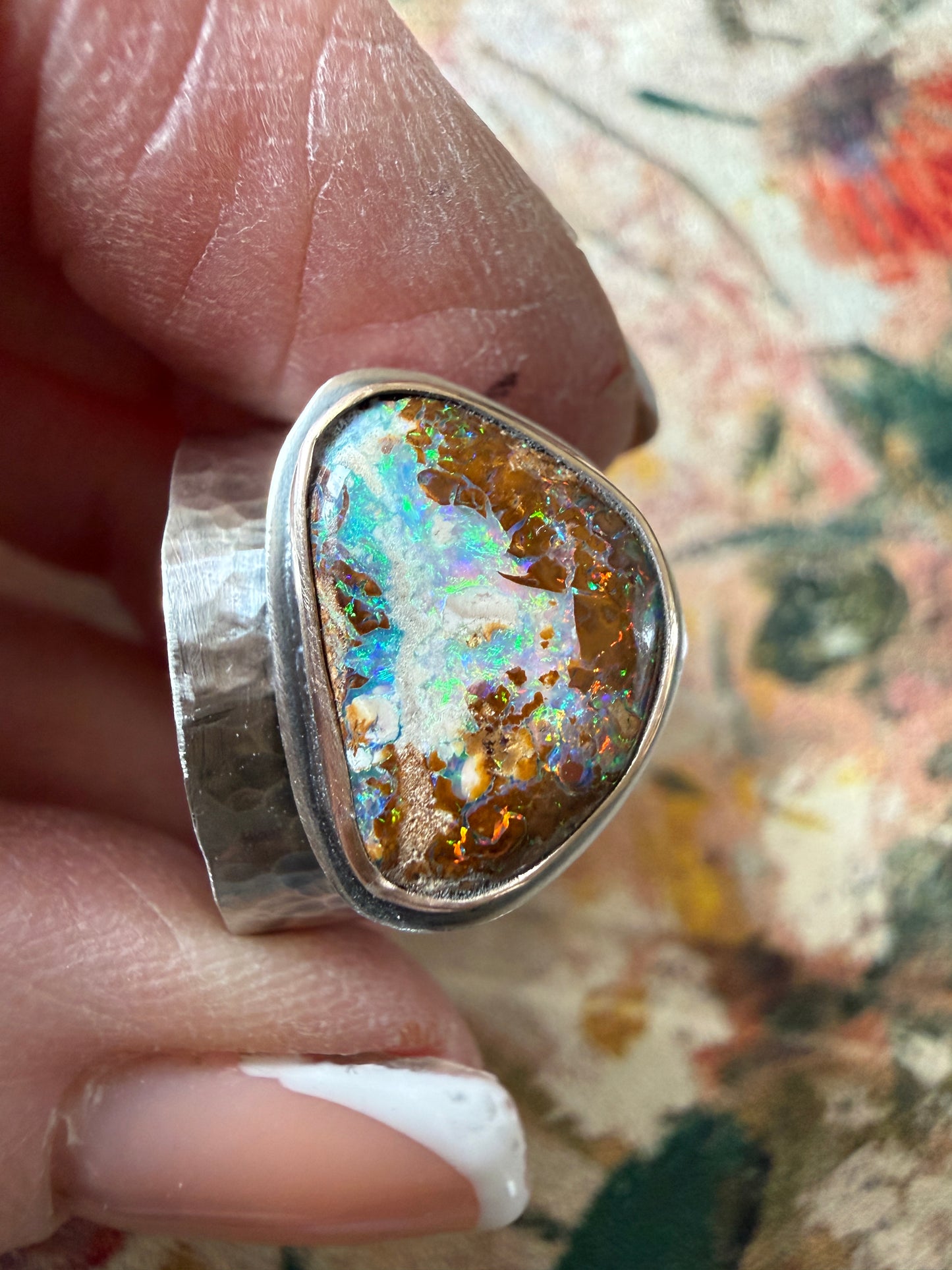 Multi-colour Boulder Opal Ring US 7 UK N1/2