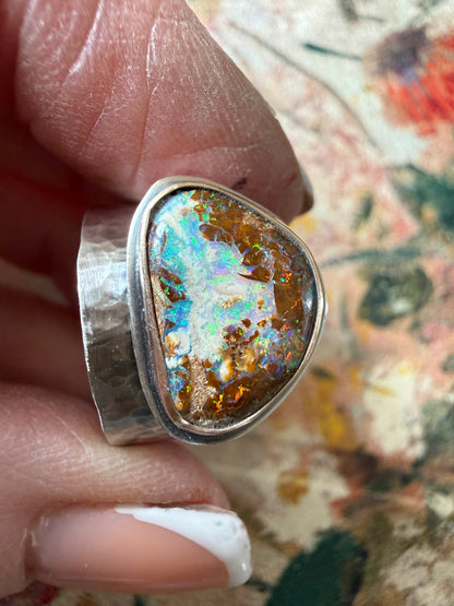 Multi-colour Boulder Opal Ring US 7 UK N1/2