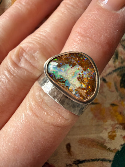 Multi-colour Boulder Opal Ring US 7 UK N1/2