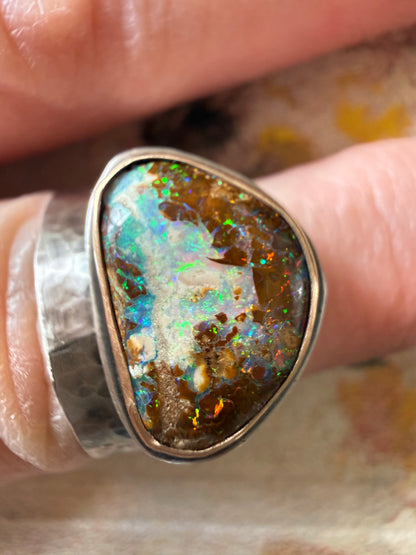 Multi-colour Boulder Opal Ring US 7 UK N1/2