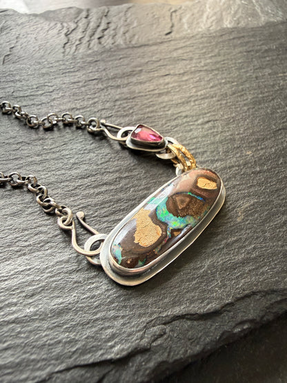 Boulder Opal and Pink Tourmaline Pendant