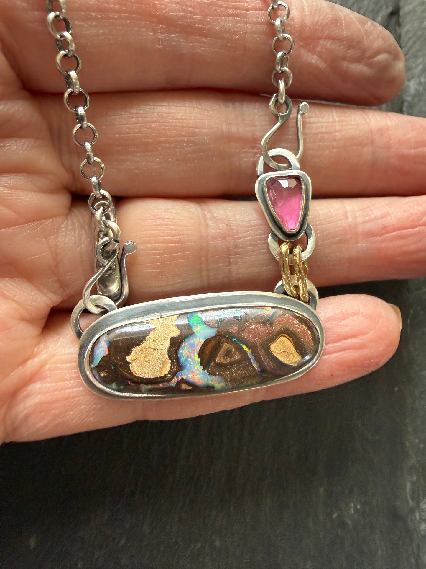 Boulder Opal and Pink Tourmaline Pendant