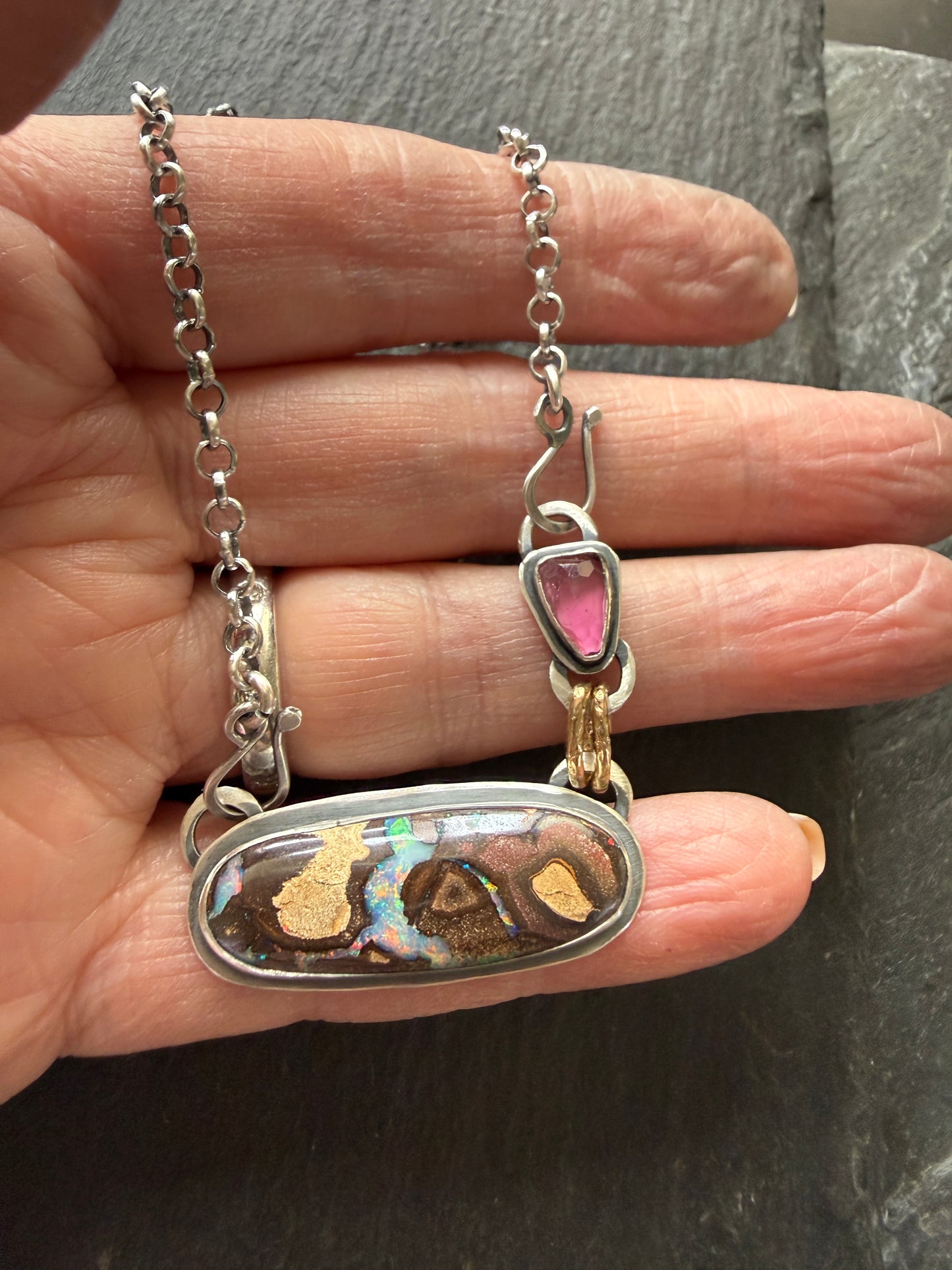 Boulder Opal and Pink Tourmaline Pendant
