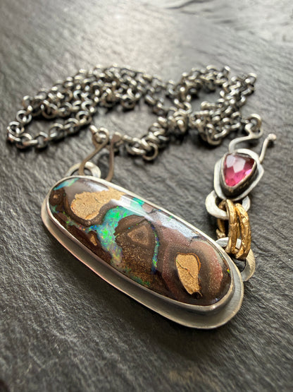Boulder Opal and Pink Tourmaline Pendant