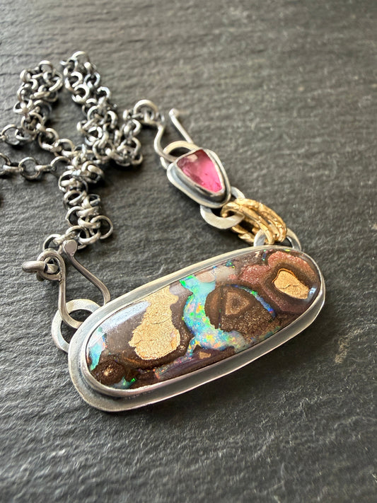 Boulder Opal and Pink Tourmaline Pendant