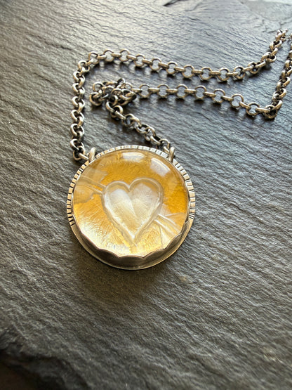 Heart carved Quartz Necklace with 24k Gold