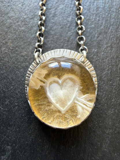 Heart carved Quartz Necklace with 24k Gold