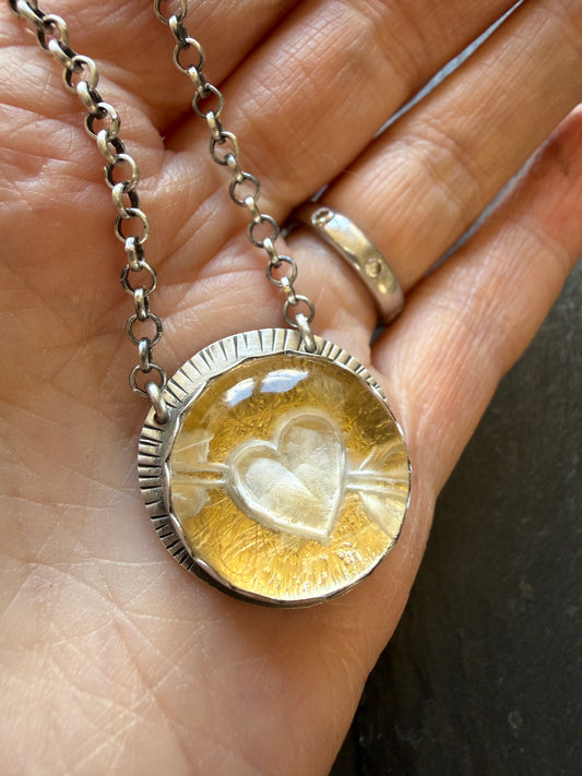 Heart carved Quartz Necklace with 24k Gold