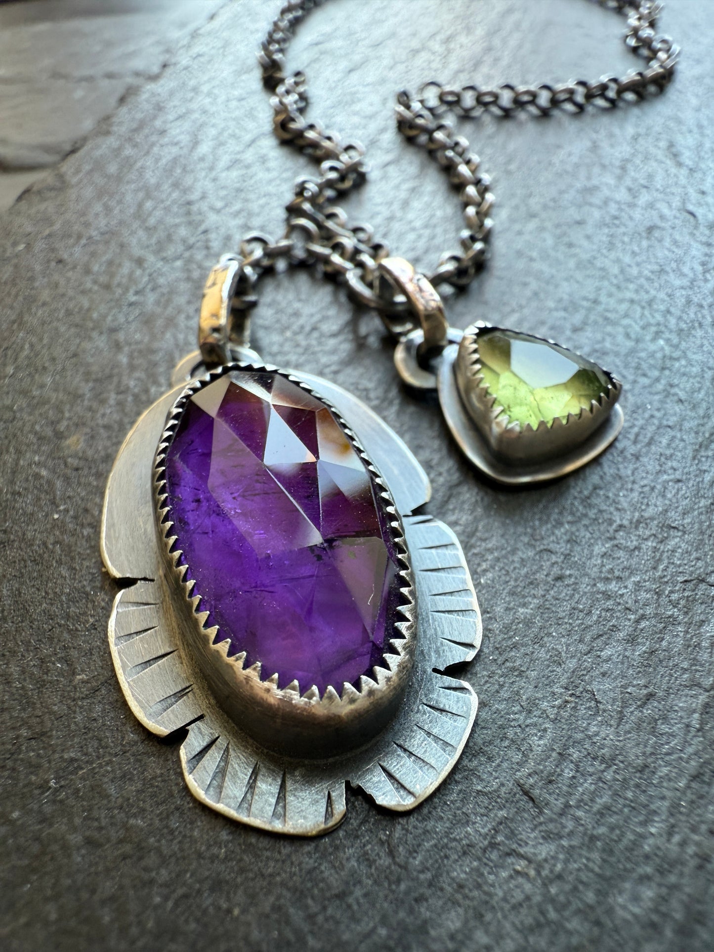 Amethyst and Peridot Y Lariat Necklace