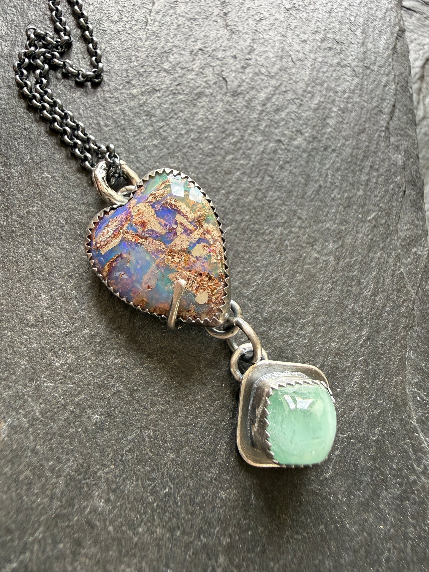 Minty green Tourmaline with a  Heart Boulder Opal