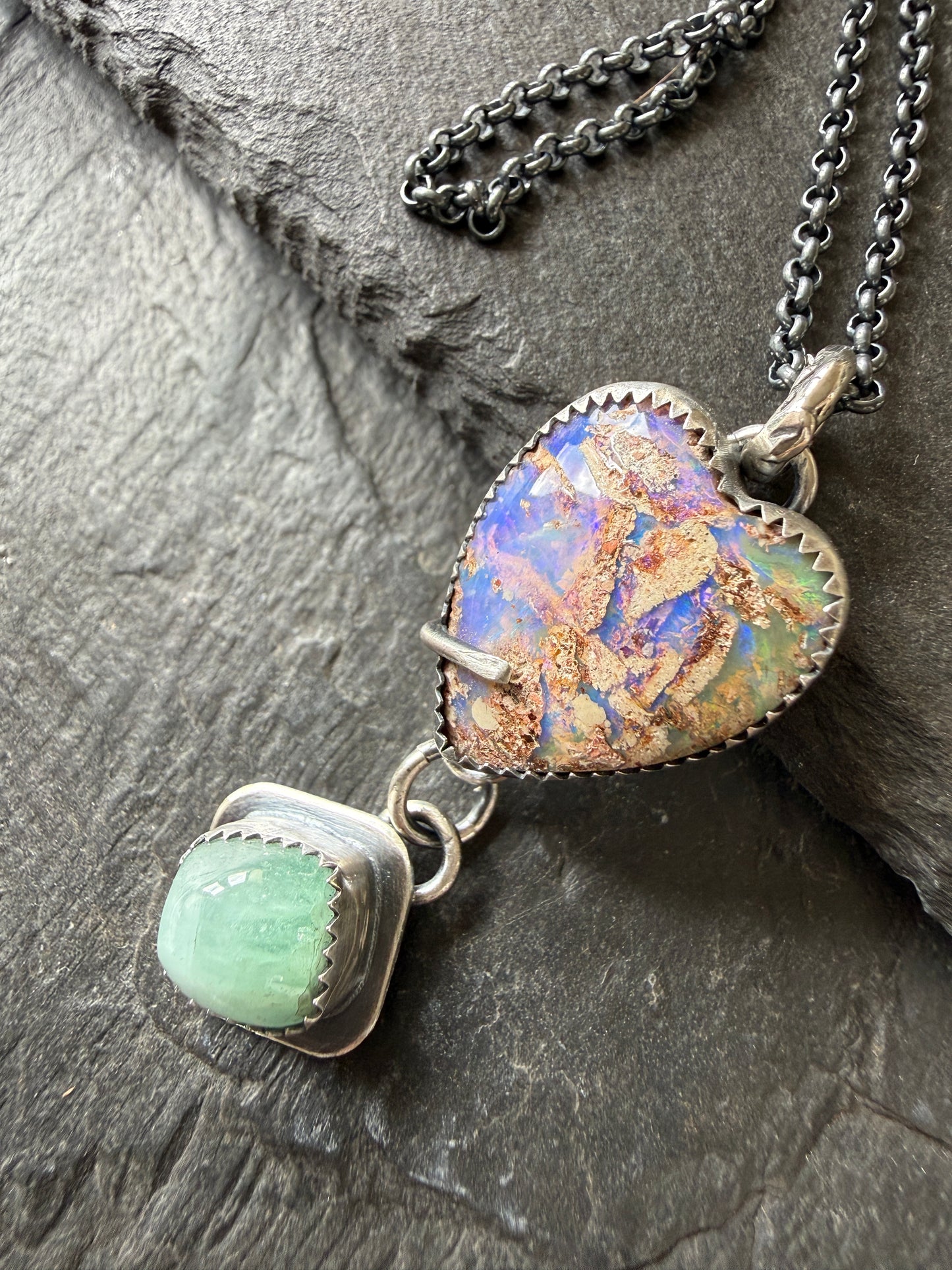 Minty green Tourmaline with a  Heart Boulder Opal