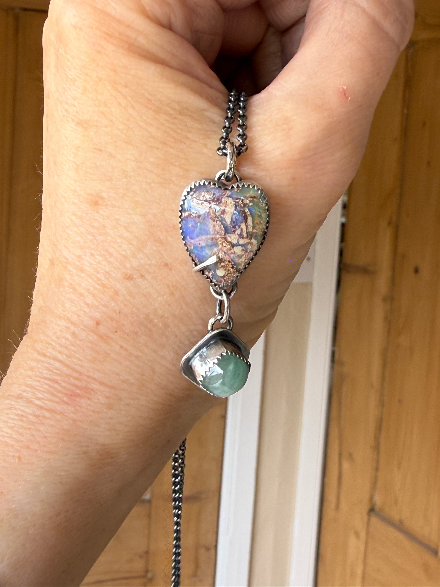 Minty green Tourmaline with a  Heart Boulder Opal