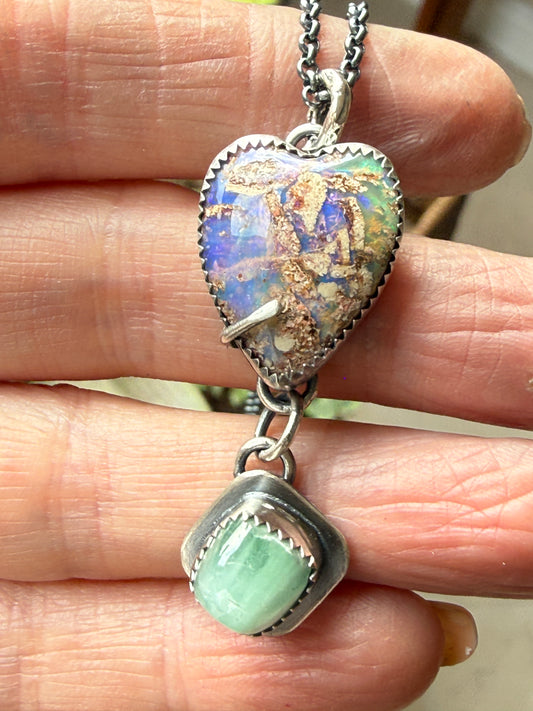 Minty green Tourmaline with a  Heart Boulder Opal