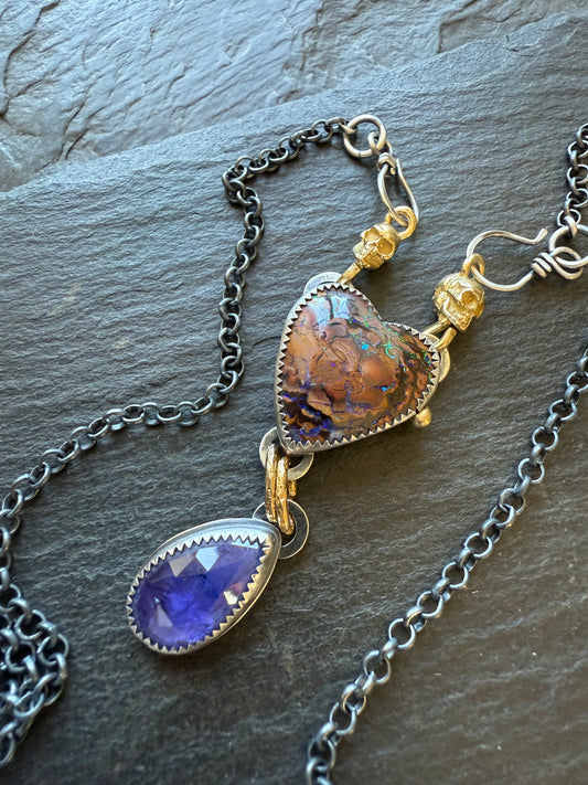 Heart Opal, Tanzanite and Skull Necklace