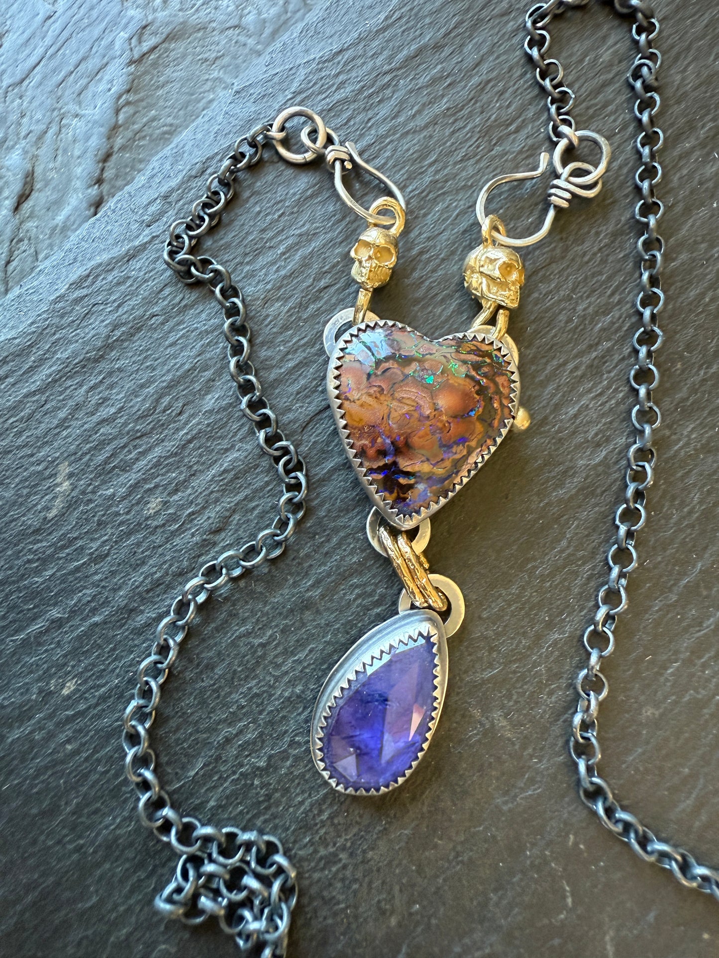 Heart Opal, Tanzanite and Skull Necklace