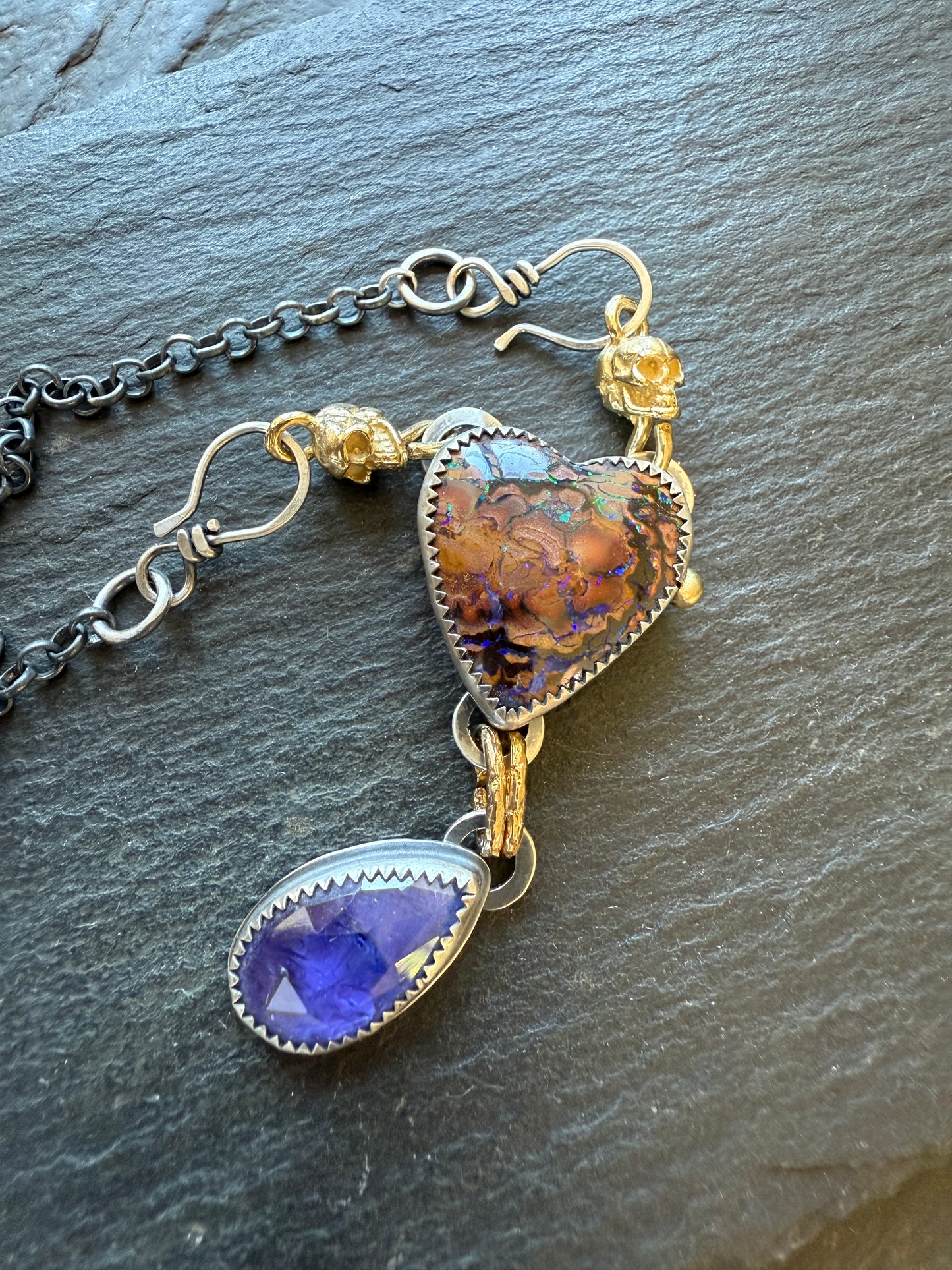 Heart Opal, Tanzanite and Skull Necklace