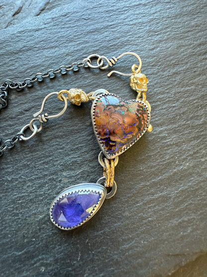 Heart Opal, Tanzanite and Skull Necklace