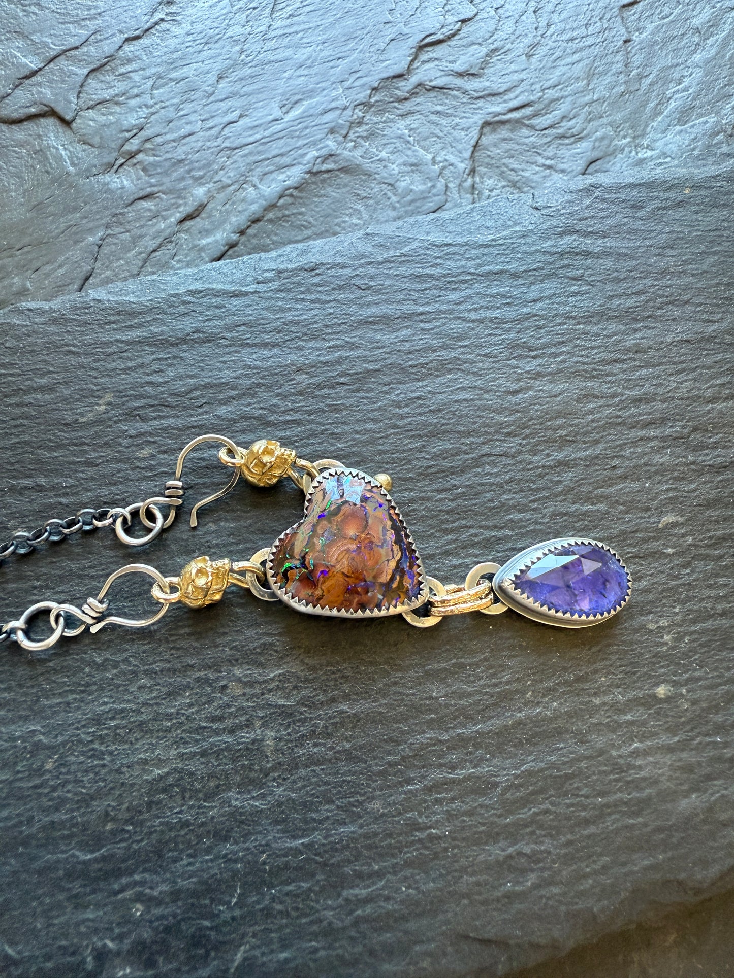 Heart Opal, Tanzanite and Skull Necklace