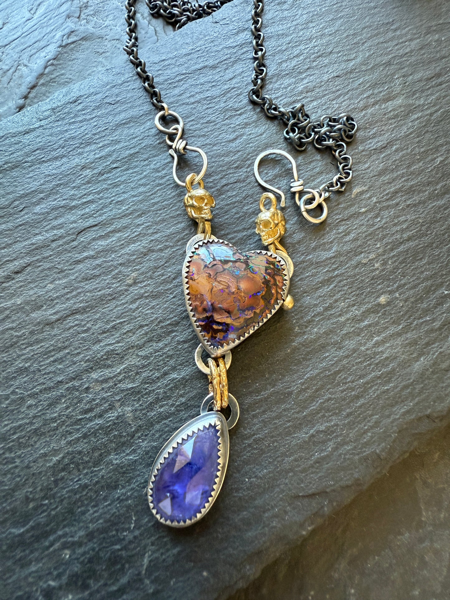 Heart Opal, Tanzanite and Skull Necklace