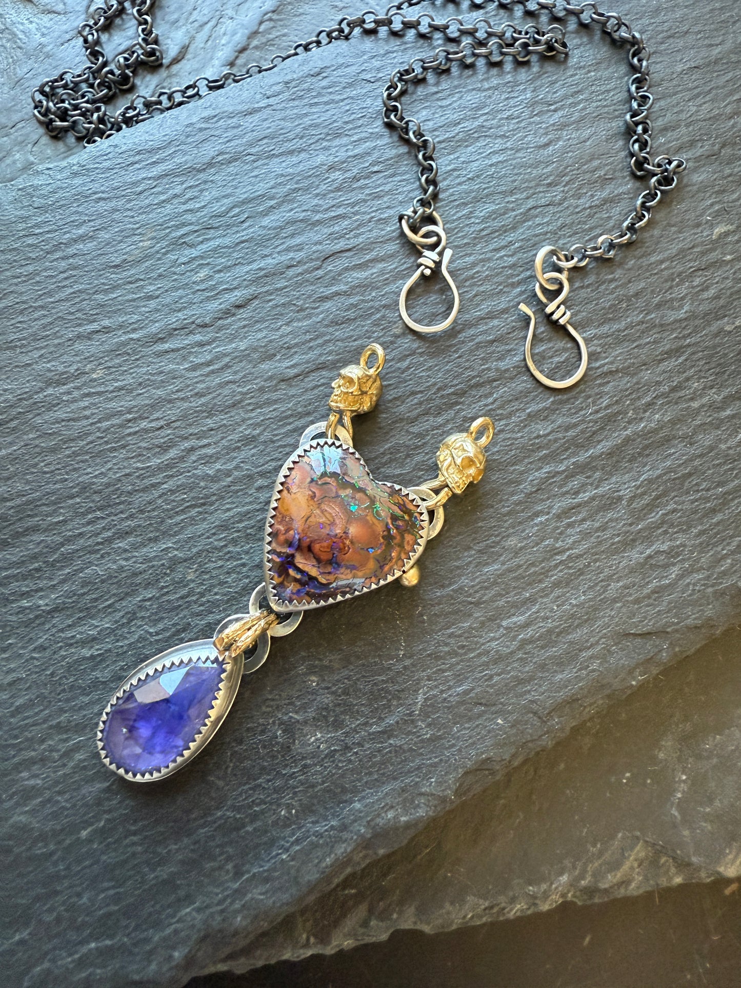 Heart Opal, Tanzanite and Skull Necklace