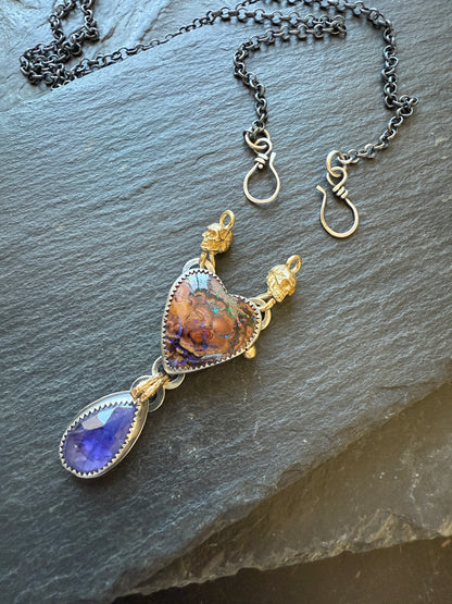 Heart Opal, Tanzanite and Skull Necklace