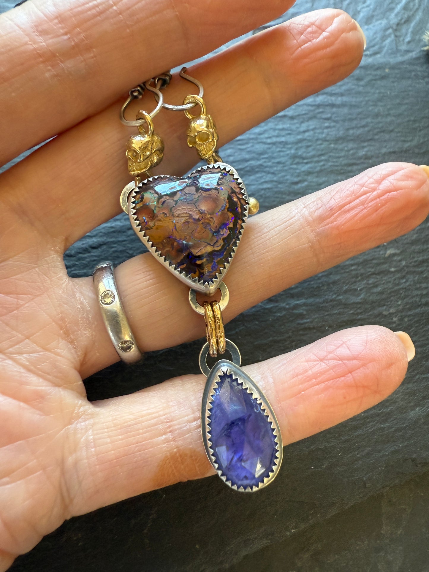 Heart Opal, Tanzanite and Skull Necklace