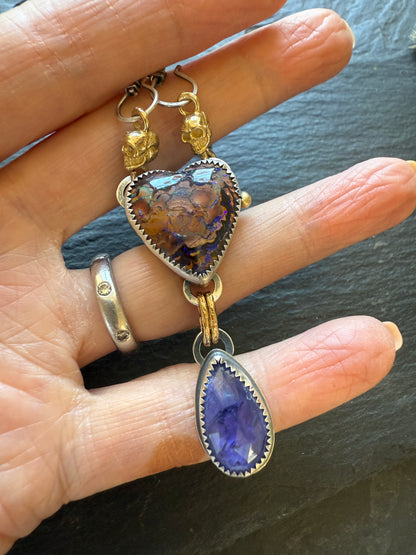 Heart Opal, Tanzanite and Skull Necklace
