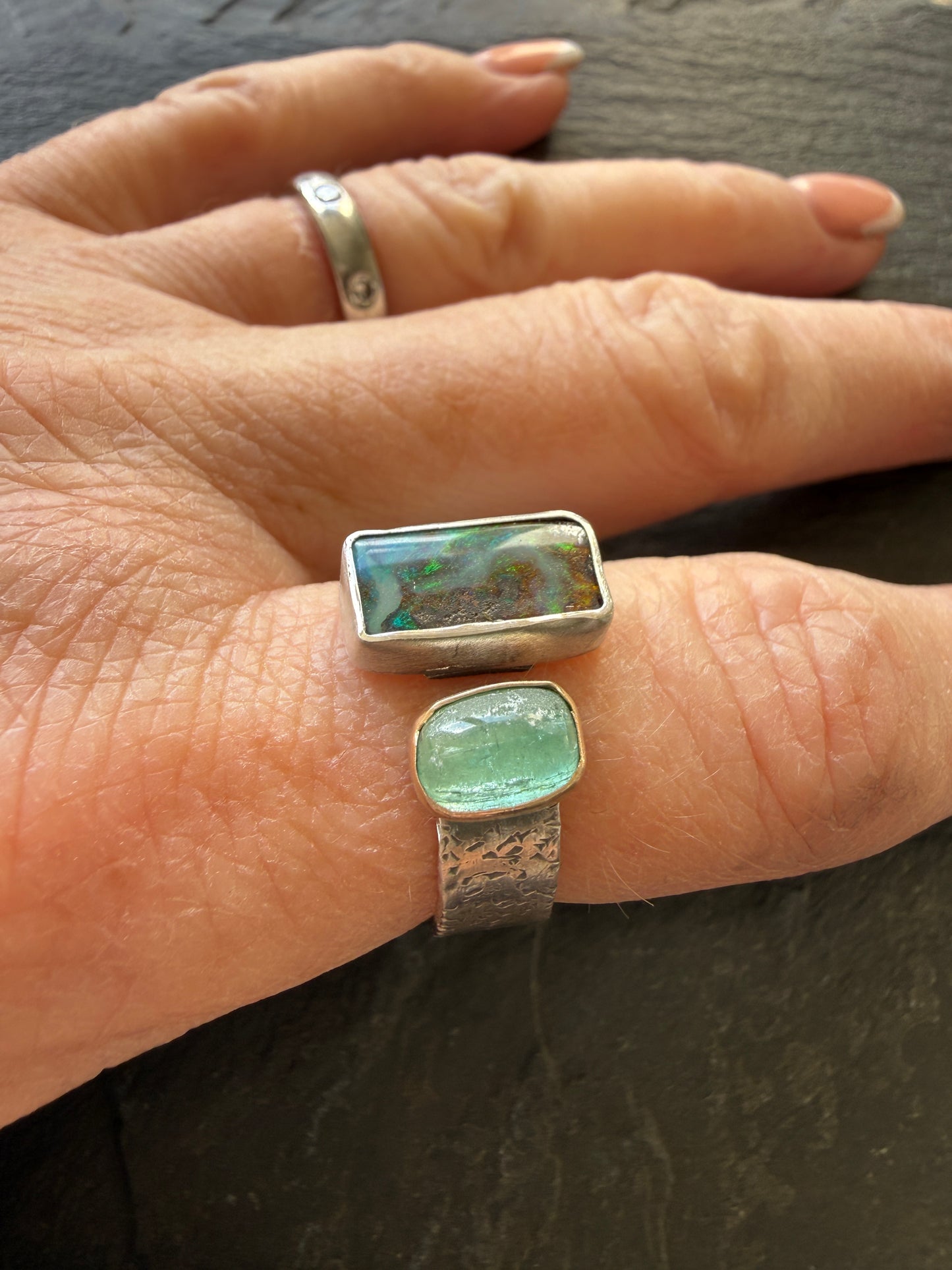 Tourmaline and opal Open Ring US 7 UK N 1/2