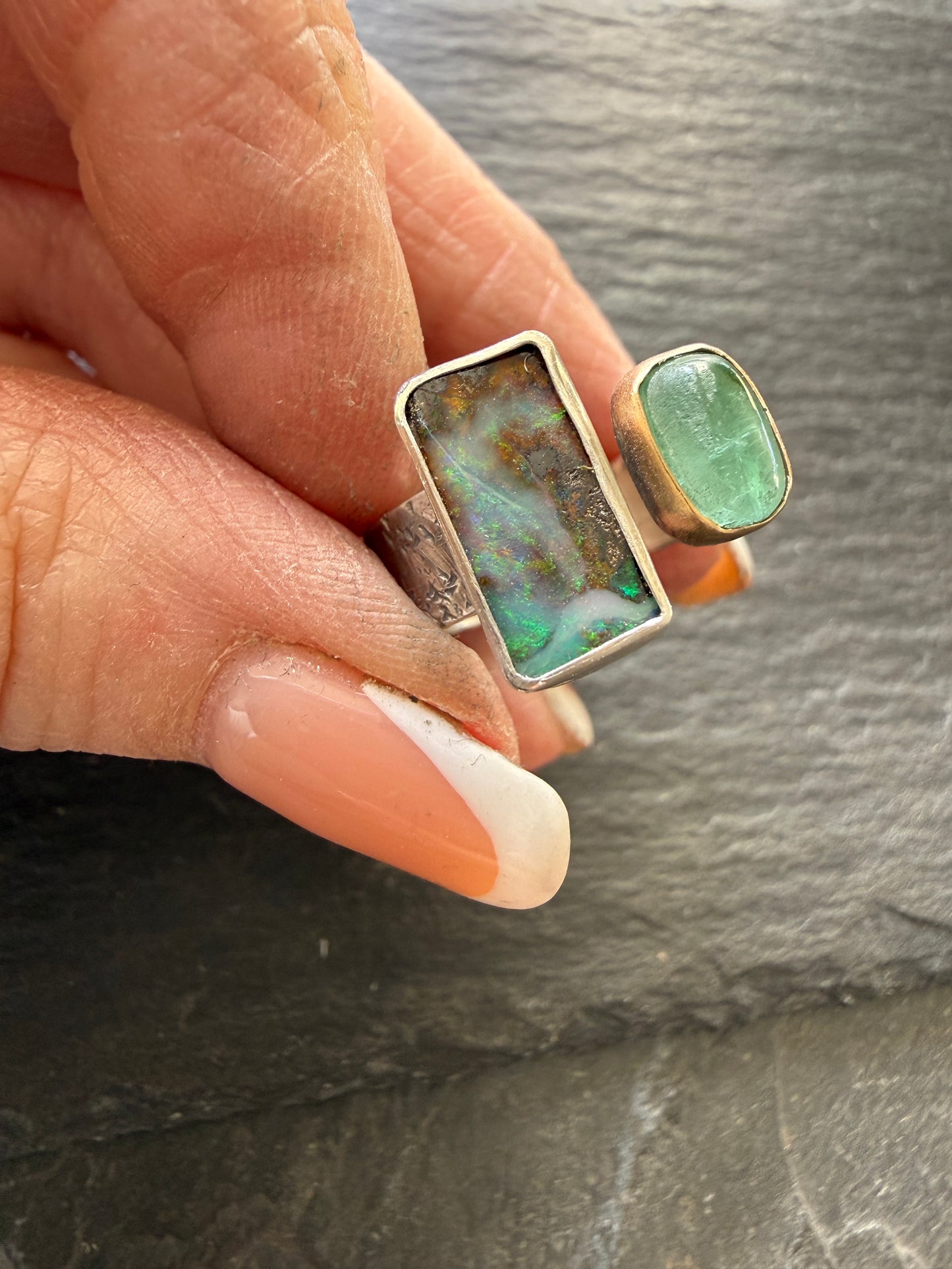 Tourmaline and opal Open Ring US 7 UK N 1/2