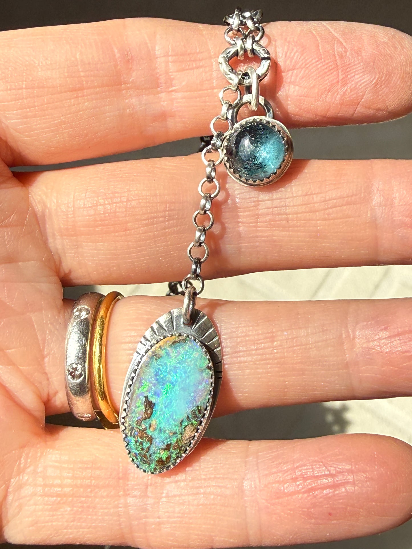 Opal and Kyanite Y Necklace