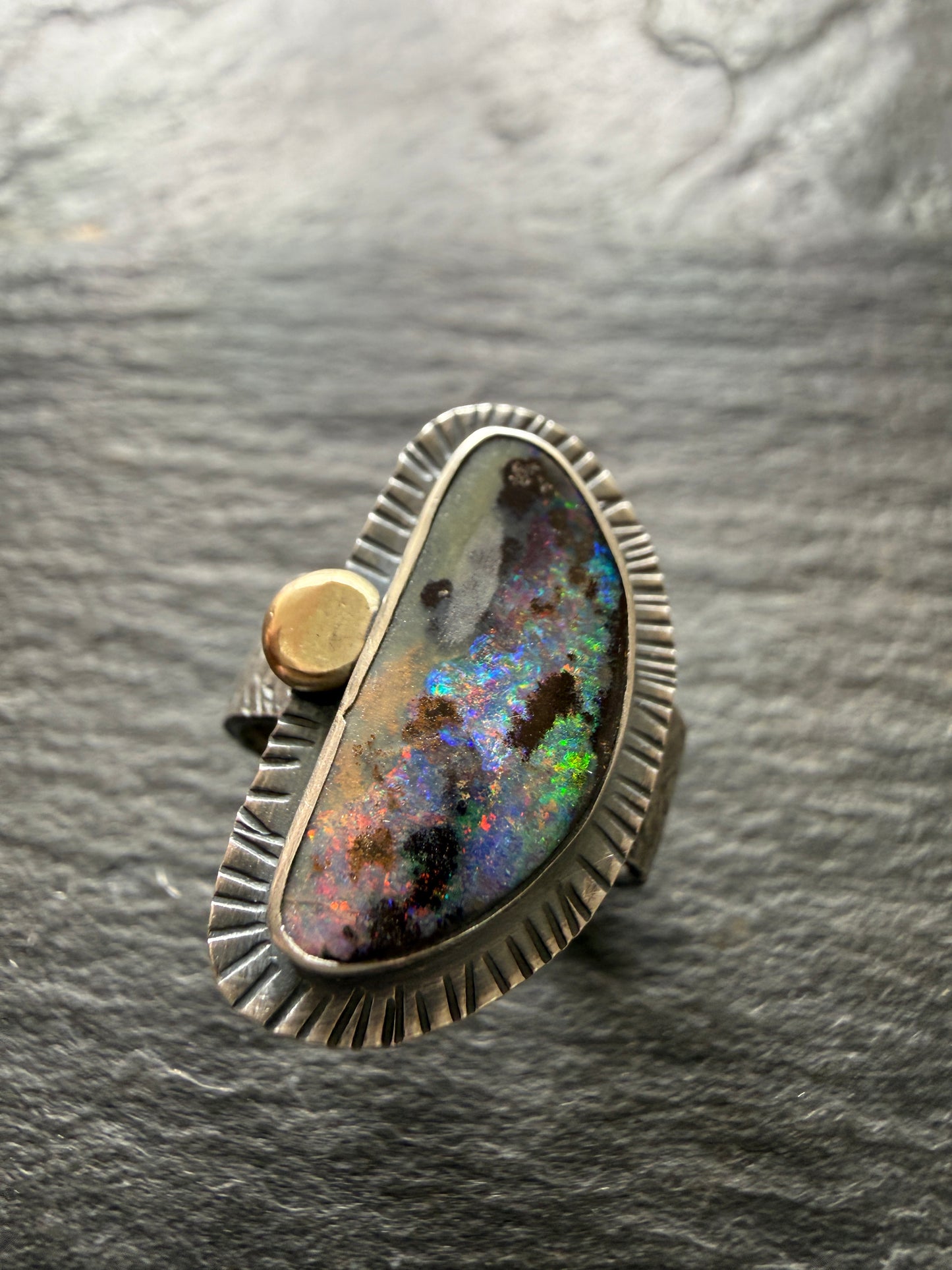 Colourful Boulder Opal Ring with Mixed Metals