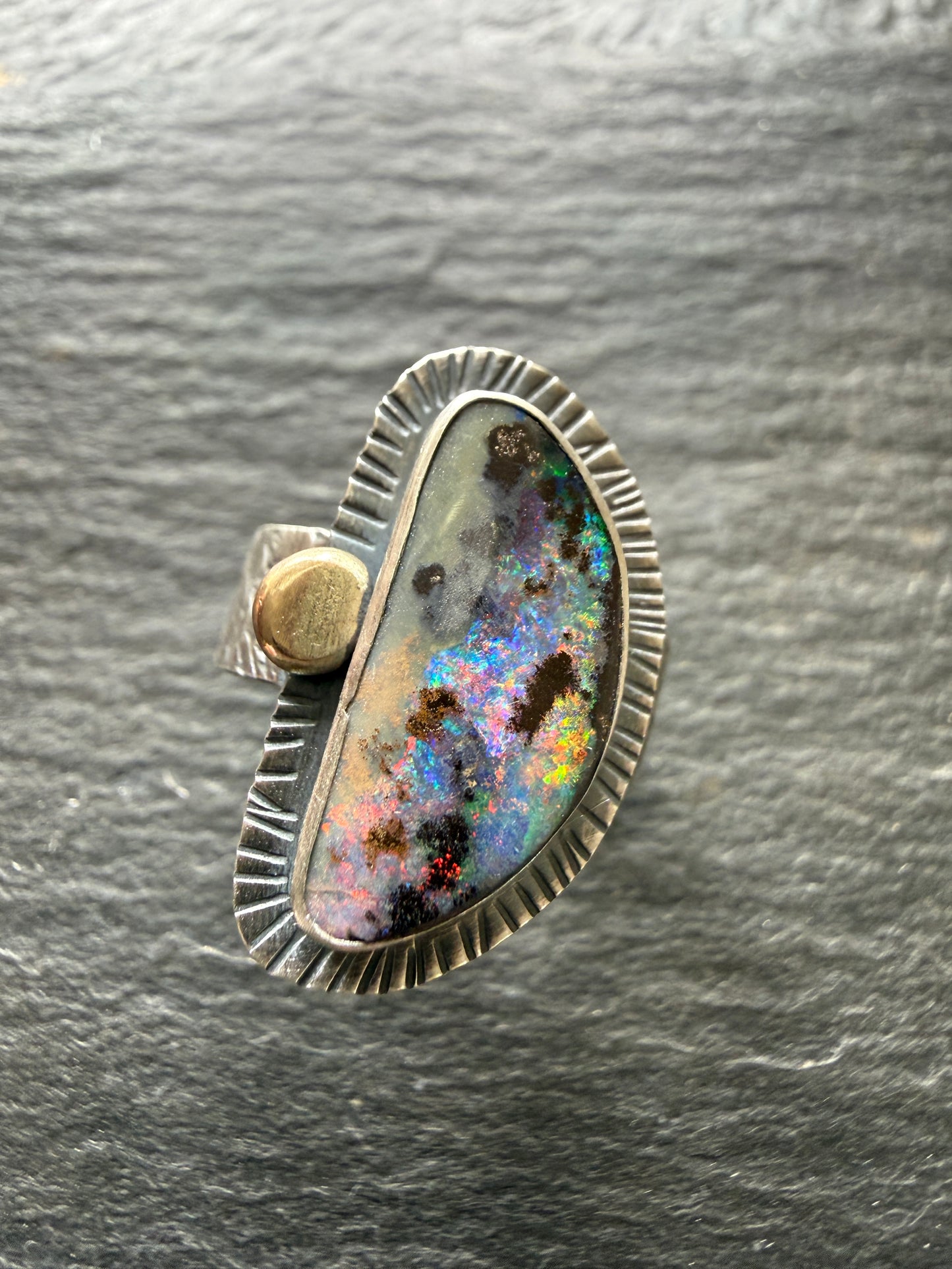 Colourful Boulder Opal Ring with Mixed Metals