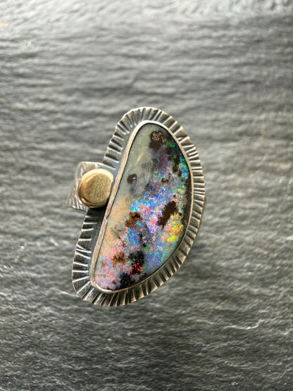 Colourful Boulder Opal Ring with Mixed Metals