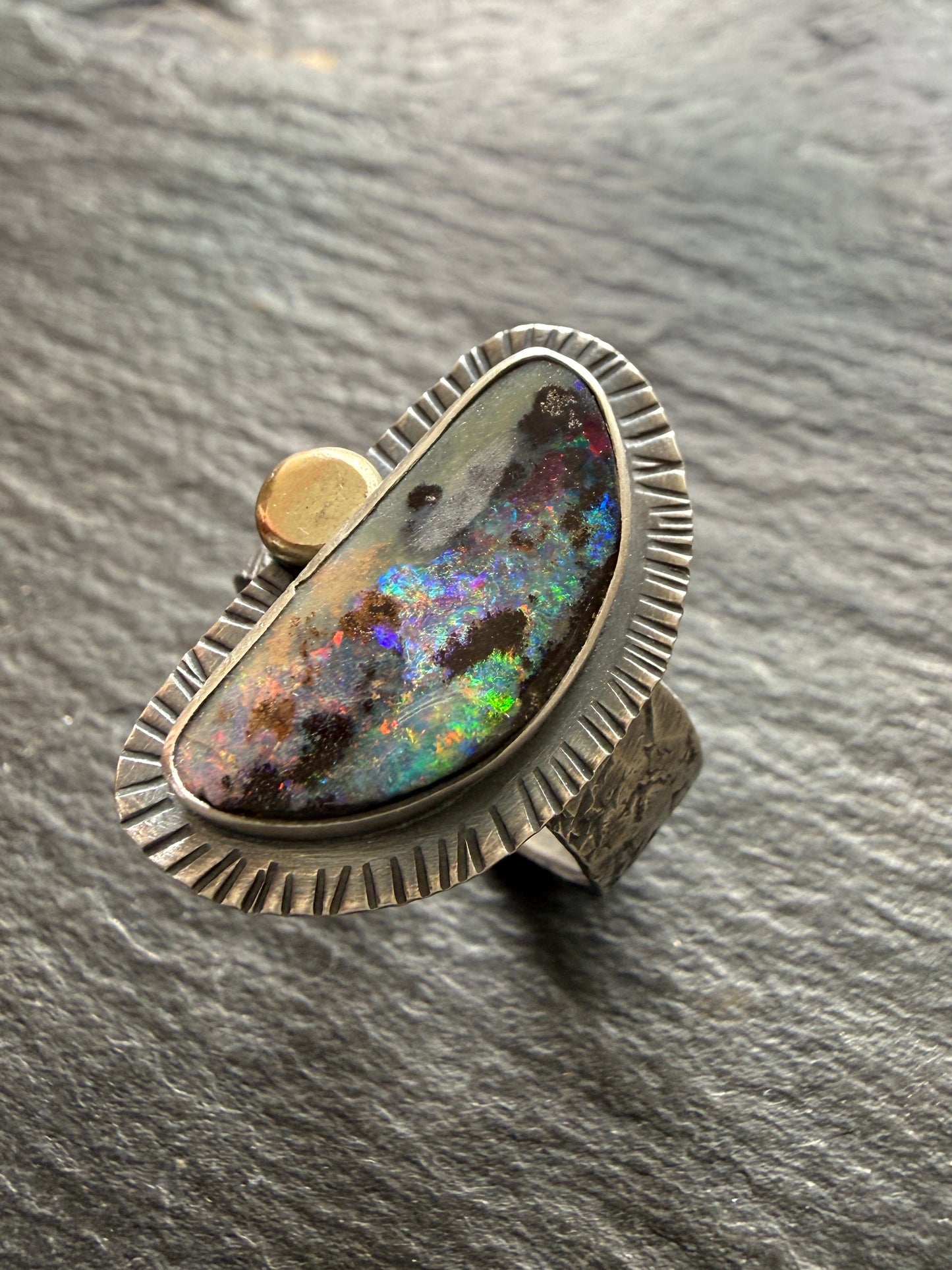 Colourful Boulder Opal Ring with Mixed Metals