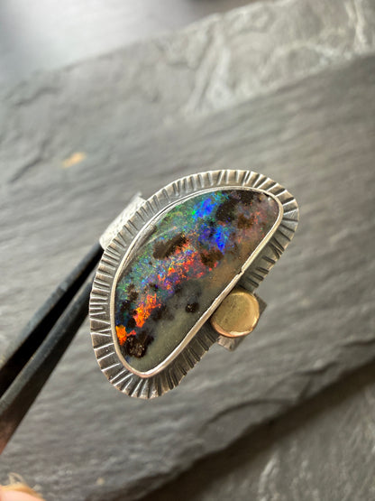 Colourful Boulder Opal Ring with Mixed Metals