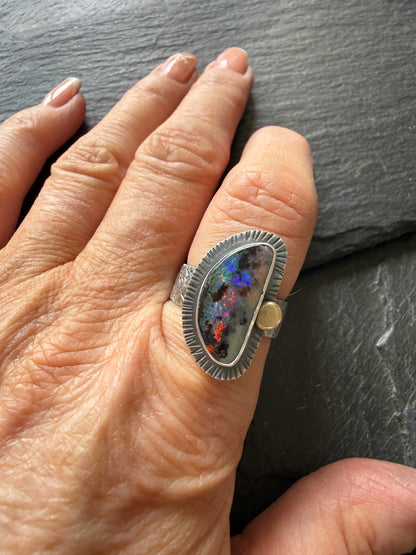Colourful Boulder Opal Ring with Mixed Metals