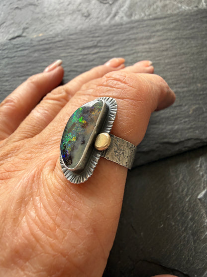 Colourful Boulder Opal Ring with Mixed Metals