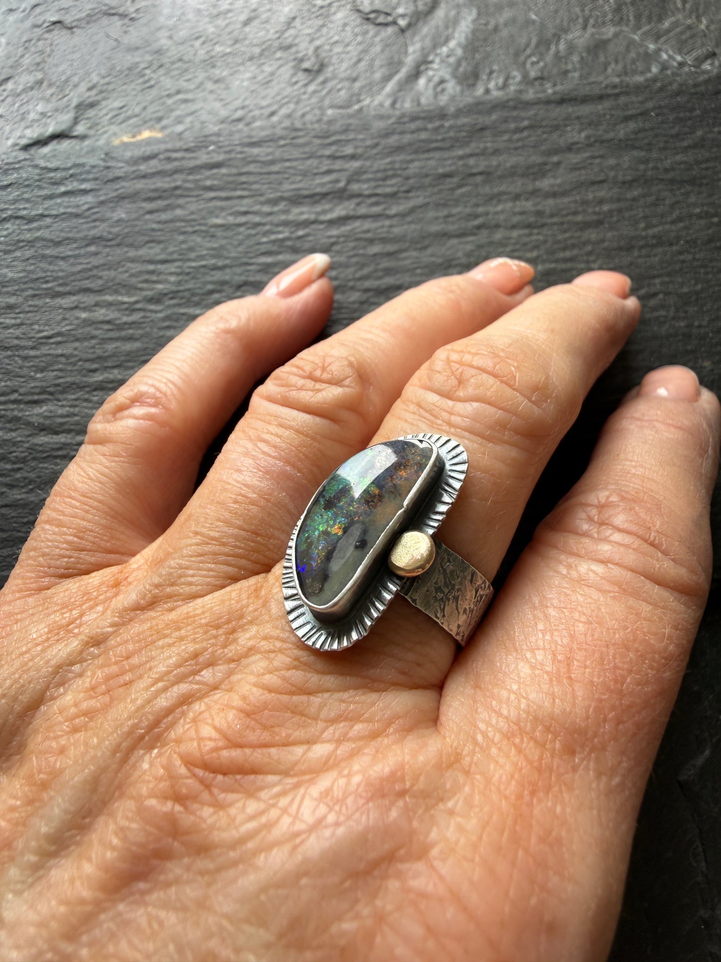 Colourful Boulder Opal Ring with Mixed Metals