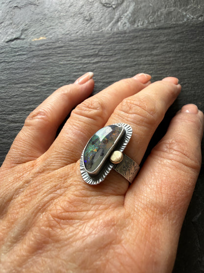 Colourful Boulder Opal Ring with Mixed Metals