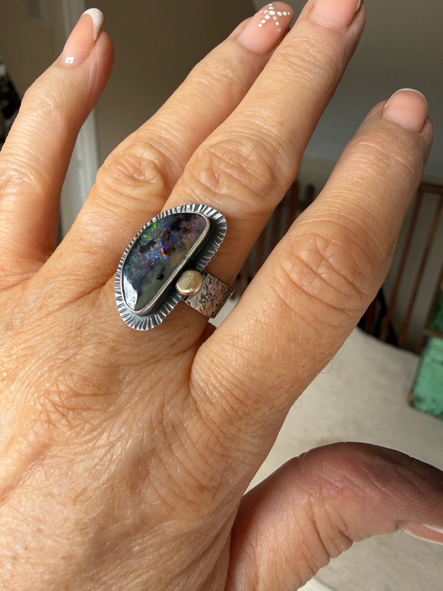 Colourful Boulder Opal Ring with Mixed Metals