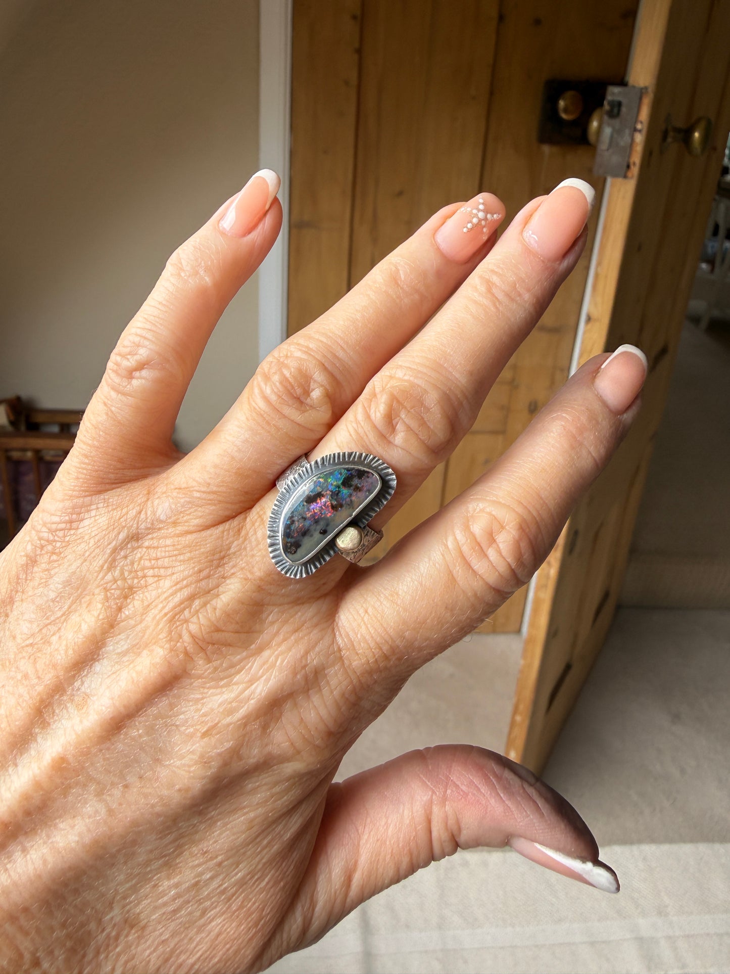 Colourful Boulder Opal Ring with Mixed Metals