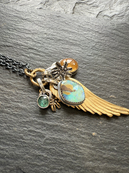 Bronze Wing and Gemstone Charm Necklace