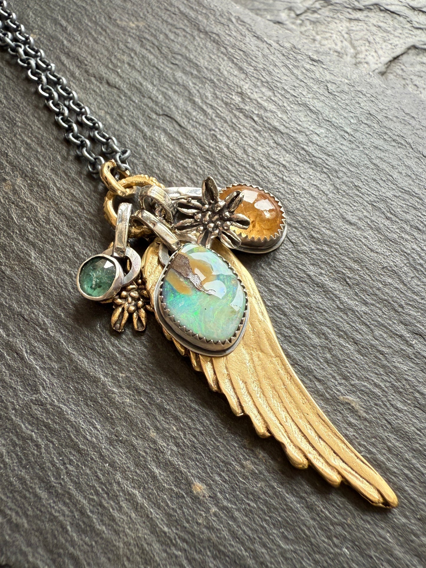 Bronze Wing and Gemstone Charm Necklace