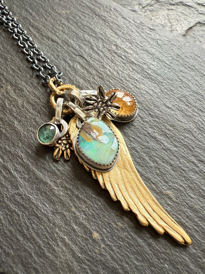 Bronze Wing and Gemstone Charm Necklace