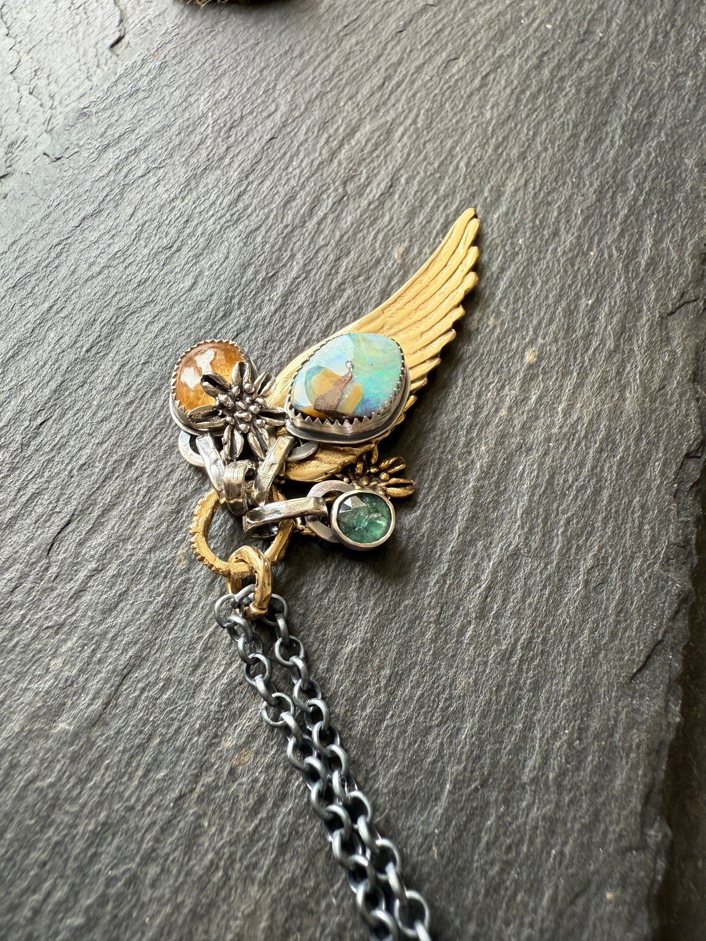 Bronze Wing and Gemstone Charm Necklace