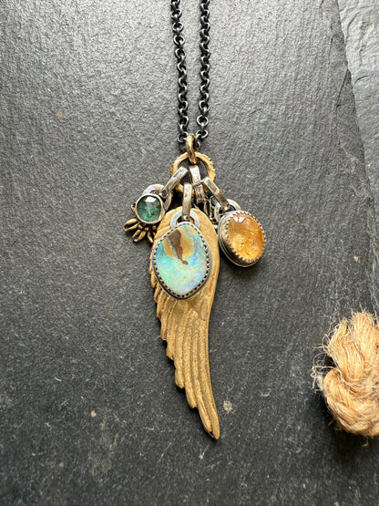 Bronze Wing and Gemstone Charm Necklace