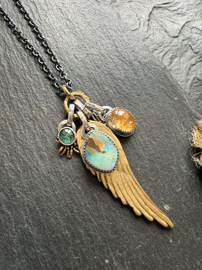 Bronze Wing and Gemstone Charm Necklace